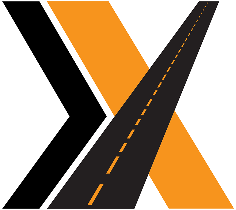 Xpedited logistiX logo with black X and black and orange X that looks like a road